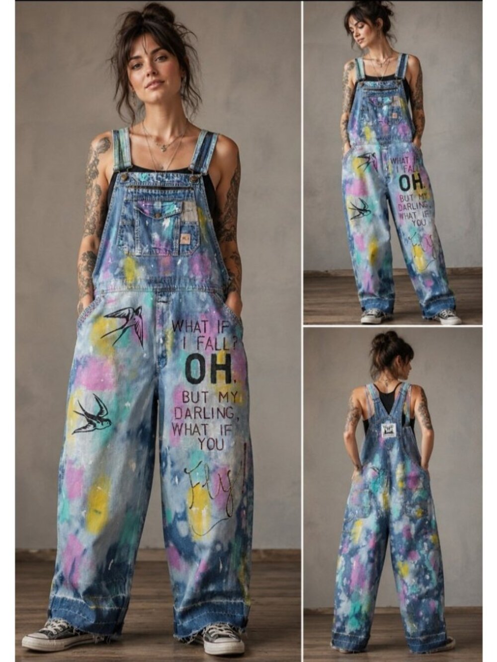 OOAK Upcycled Artwear Oversized Denim Overalls Painted Slow Stitched Boho Whimsy - Picture 2 of 16